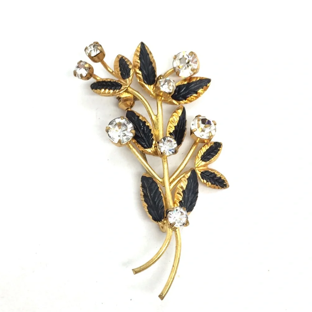 VINTAGE MADE IN AUSTRIA BROOCH FLOWER BOUQUET RHINESTONES GOLD TONE